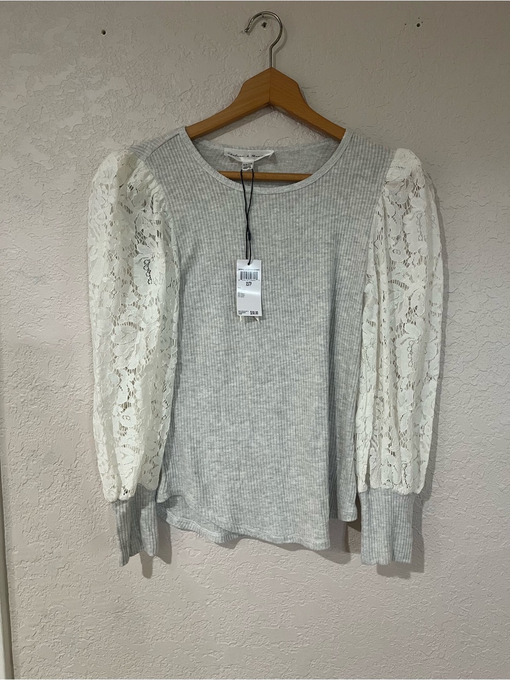 Chelsea & Theodore Light Gray Rib Knit Top with Ivory Lace Puff Sleeves